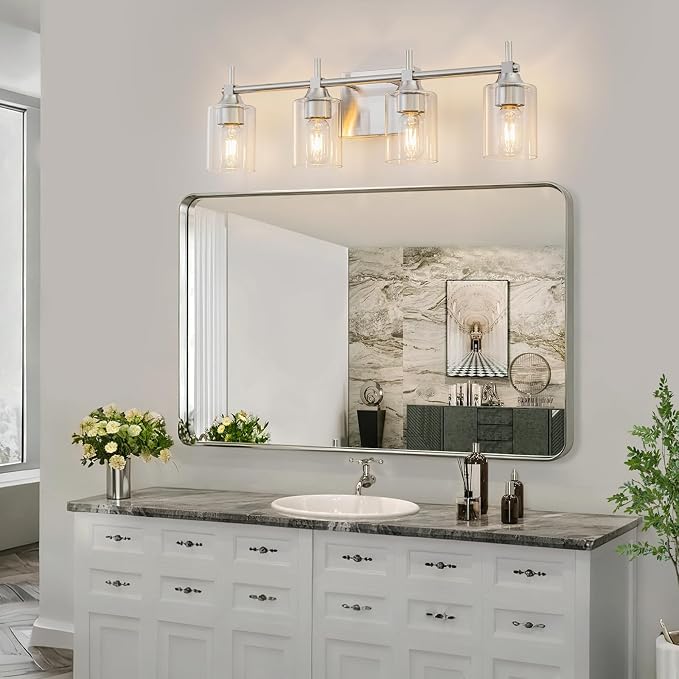 4-Light Modern Bathroom Vanity Light,Brushed Nickel Light Fixtures for Bathroom,Modern Wall Light Over Mirror with Glass E26 Socket (Bulbs Not Included)