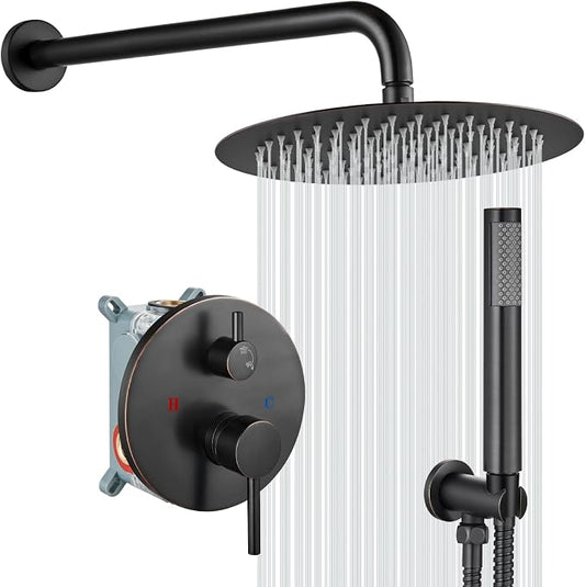 gotonovo Shower Faucet Set with Rough-in Valve Trim Kit,Oil Rubbed Bronze | 10 Inch Round Rain Showerhead with Handheld Spray,Bathroom Wall Mount Shower System Complete Combo,2-in-1 Diverter,All Metal