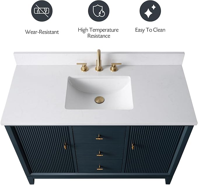 Vanity Art 48" Bathroom Vanity with Single Sink & Arabescato White Engineered Stone Top, Soft Closing Door, Solid Wood Frame, Golden Brushed Handles, Vintage Spruce Blue VA8148-VSB-GB