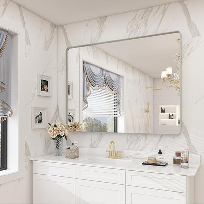 40x30 Silver Brushed Bathroom Mirror for Wall, Brushed Metal Framed Bathroom Vanity Mirror, Modern Rectangle Mirror, Rounded Corners, Shatterproof (Horizontal/Vertical)