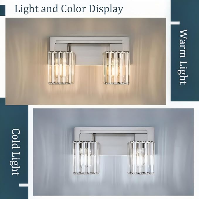 Brushed Nickel Bathroom Light Fixtures, 2-Light Vanity Light Over Mirror | Wall Sconces with Square Crystal Shades, E26 Socket, Modern Vanity Lights for Bathroom (Bulbs Not Included)