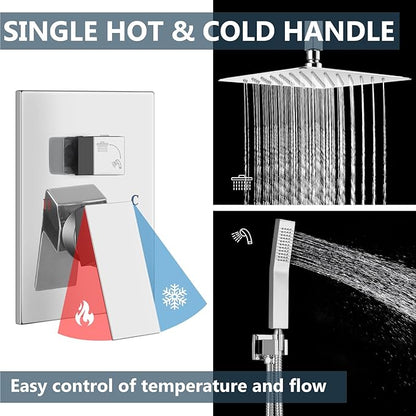 Aolemi Ceiling Mount Shower System Rain Shower Head with Handheld Spray High Pressure Shower Faucet Set Rough-in Valve Shower Trim Kit Included Bathroom Polish Chrome 16 Inch Ceiling Shower Head