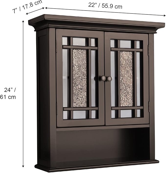 Teamson Home 2 Door Bathroom Wall Cabinet Windsor Collection with Crown Molding, Wall Mounted Over The Toilet Storage with Open Shelf & Decorative Glass Mosaic Details, Espresso