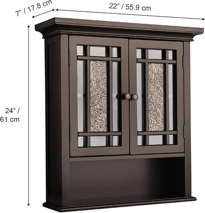 Teamson Home 2 Door Bathroom Wall Cabinet Windsor Collection with Crown Molding, Wall Mounted Over The Toilet Storage with Open Shelf & Decorative Glass Mosaic Details, Espresso