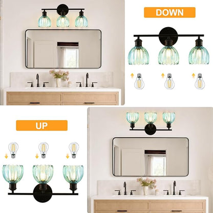 Bathroom Light Fixtures, 3-Light Brushed Black Vanity Lights for Bathroom with Blue Tulip Glass Shade, 20" Vintage Bathroom Vanity Lighting Fixtures Over Mirror for Bedroom Living Room Hallway