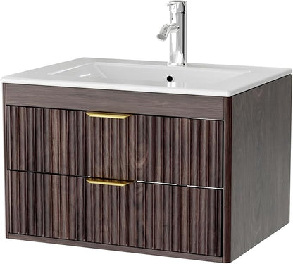 24 Inch Floating Bathroom Vanity with Sink, Bathroom Wall Cabinet with 2 Fluted Drawers & Metal Handle, Wall Mounted Cabinet for Bathrooms (Brown, 24 inch, with Sink)