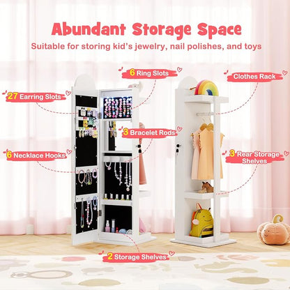 HONEY JOY Kids Jewelry Cabinet with LED Lights, Rainbow Standing Jewelry Armoire w/Full-Length Mirror & Makeup Mirror, Ring Slot, Lockable Princess Jewelry Organizer Storage for Toddler Girls(White)