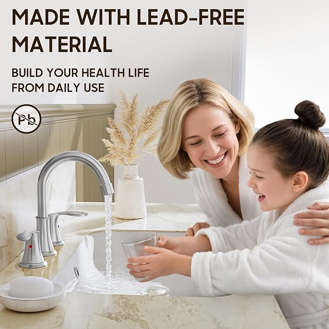Brushed Nickel Widespread 8 Inch 3 Holes Bathroom Faucet，Two Handles Stainless Steel Bathroom Sink Faucet with Metal Pop-Up Drain and Water Supply Lines, WFTY36-BN