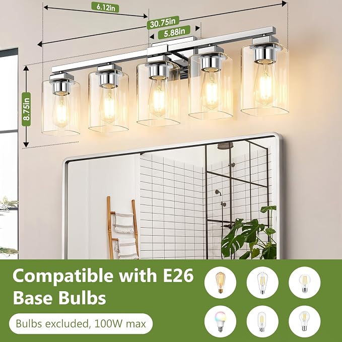 BesLowe 31” Bathroom Light Fixtures, 5-Light Vanity Light Chrome | Square Clear Glass & Durable Metal, Quick & Easy Installation, Standard E26 Socket, Bright Bathroom Lighting