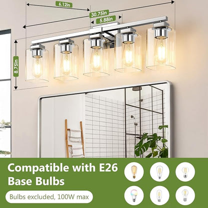 BesLowe 31” Bathroom Light Fixtures, 5-Light Vanity Light Chrome | Square Clear Glass & Durable Metal, Quick & Easy Installation, Standard E26 Socket, Bright Bathroom Lighting