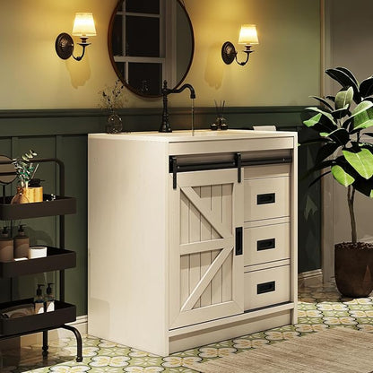 31" Farmhouse Sliding Barn Door Bathroom Vanity with Sink Combo, Bathroom Vanity Cabinet with Drawers & Metal Handles, Freestanding, Distressed White