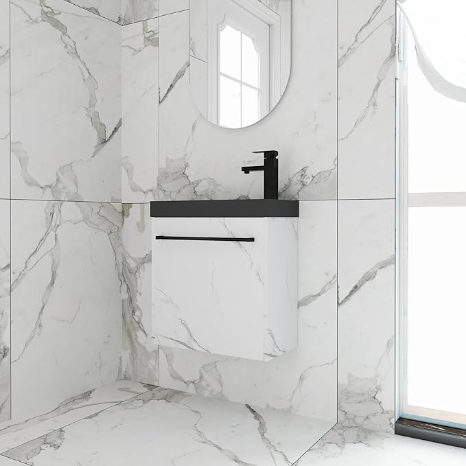 20'' Wall Mount Bathroom Vanity, 20 Inch Floating Single Sink Bathroom Combo, with Black Resin Sink and Soft Closing Cabinet Door and Open Storage Shelf, Carrara White