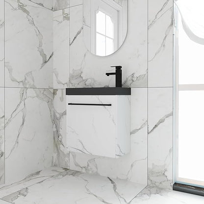 20'' Wall Mount Bathroom Vanity, 20 Inch Floating Single Sink Bathroom Combo, with Black Resin Sink and Soft Closing Cabinet Door and Open Storage Shelf, Carrara White