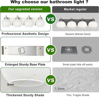 IZORRO Bathroom Light Fixtures, 4-Light Brushed Nickel Vanity Light, Modern Wall Sconces with Globe Milk White Glass Shade, Vanity Lighting Fixtures Over Mirror,E26 Bulb Socket