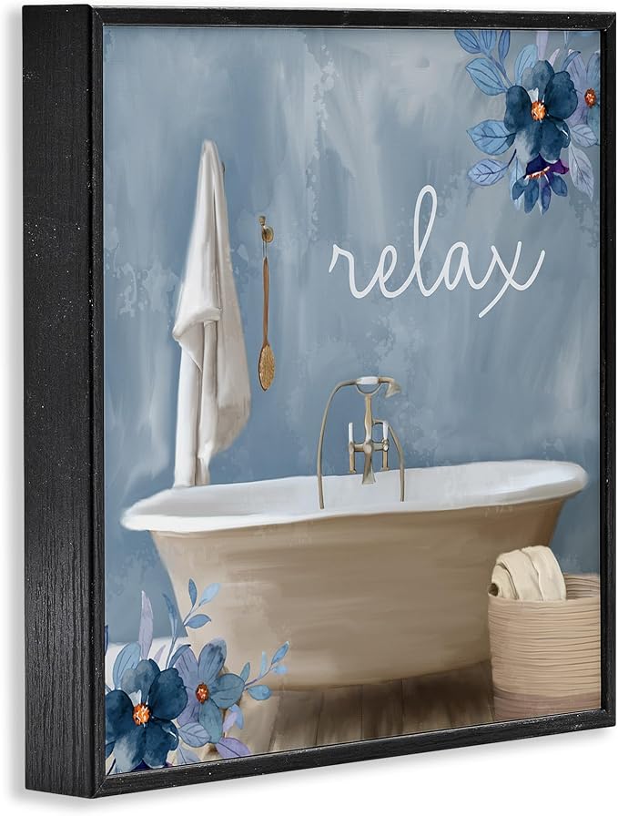Blue Floral Bathroom Relax Scene, 24 x 24 Inch Framed Giclée Print | Stupell Industries · By Kim Allen · Ready to hang · Perfect for bath or laundry decor · Made in USA