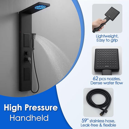 ROVOGO Led Shower Panel Tower System, Lighted Shower Head 2-Setting (Rainfall & Mist Mode), Large Body Jets, Handheld and Tub Spout, 50" Stainless Steel Shower Column with Mixer Valve, Black