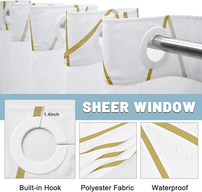 No Hook Gold White Striped Shower Curtain with Snap in Liner Set - Hotel Shower Curtain and Liner Set with See Through Mesh Top Window,Machine Washable, 71x74 INCH