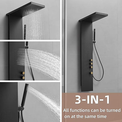 3 in 1 Shower Panel Tower System with Rainfall Shower Head, Handheld Shower Wand and Body Spray Stainless Steel Shower Tower Multi-Function Shower Panels for Bathroom, Black