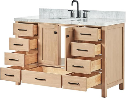 DKB Beckford 54-Inch Oak Bathroom Vanity with Sink, 1.5" Edge Carrara White Marble Countertop & 4" Backsplash, 2 Soft Closing Doors, 9 Dovetail Drawers, Matte Black Hardware