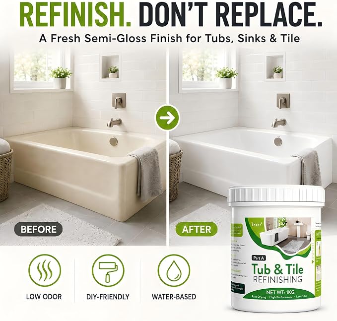 35 oz White Tub and Tile Paint, Semi-Gloss Refinishing Kit | Includes 8 Tools for Refinishing Tubs, Sinks and Tiles. Covers up to 60 Sq Ft with a Low Odor Formula.