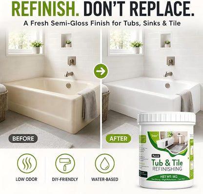 35 oz White Tub and Tile Paint, Semi-Gloss Refinishing Kit | Includes 8 Tools for Refinishing Tubs, Sinks and Tiles. Covers up to 60 Sq Ft with a Low Odor Formula.