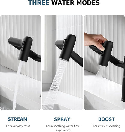 Lefton Rotatable Bathroom Faucet with Temperature Display in Fahrenheit (Batteries-Free), 3 Water Outlet Modes, Matte Black, BF2204-3