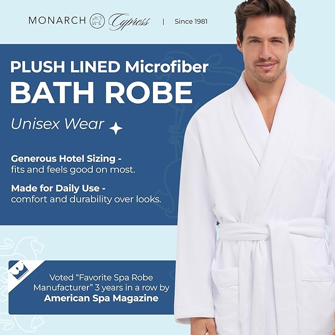 MONARCH Unisex Plush Lined Microfiber Bath Robe - Soft Shell with Polyester Lining, Resort-Grade Hotel & Spa Robe with Pocket