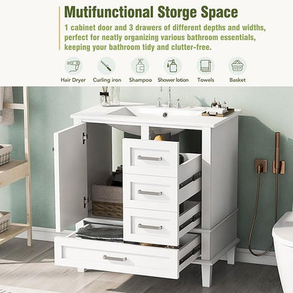 LUMISOL 30 Inch Bathroom Vanity with Sink, Wood Bathroom Storage Cabinet with Soft Closing Door and 3 Drawers, Freestanding Bathroom Vanities with Undermount Ceramic Sink, White
