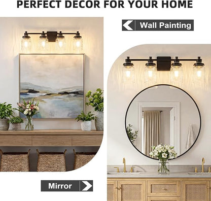 4 Light Bathroom Light Fixtures Farmhouse Black Vanity Lights | ETL Certificate, Easy to Install,Wall Mount Up or Down,Hammered Glass Lampshade,E26 Socket,Hardwired,120V
