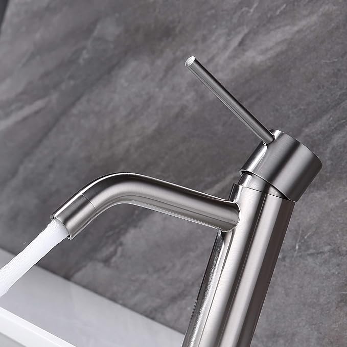 Brushed Nickel Single Hole Bathroom Faucets Single Handle, JXMMP Brushed Bathroom Vanity Sink Faucet with Pop Up Drain Assembly and 6 inch Deck Plate
