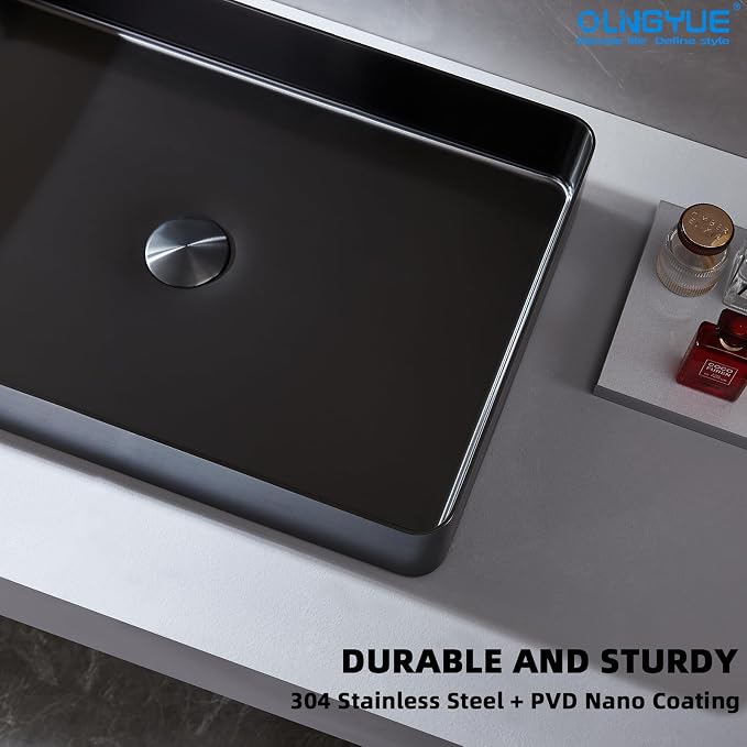 Black Rectangular Bathroom Vessel Sink: 20"x14" Modern Vanity Washbasin | Above Counter Lavatory Basin with Stainless Stee PVD Coating Pop Up Drain for Home Hotel Office Toilet Renovation Decoration
