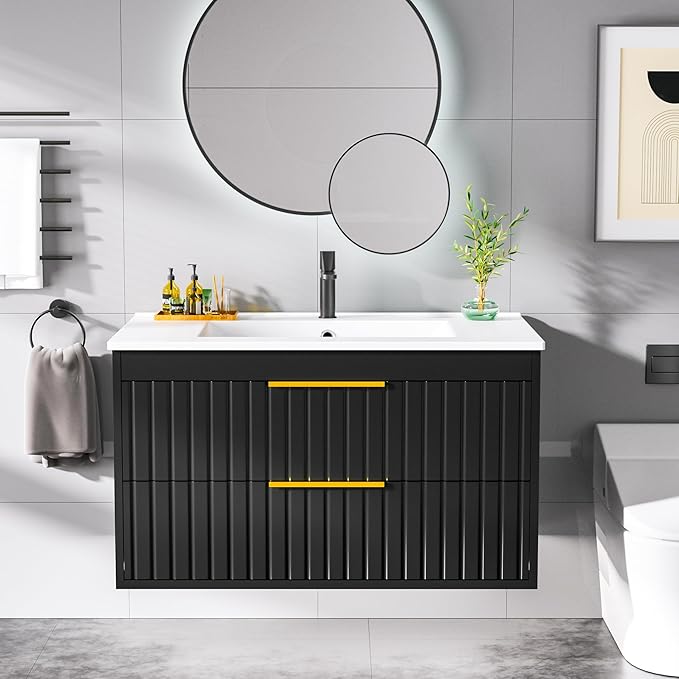 30" Bathroom Vanity with Sink, Floating Vanity Bathroom Sink Cabinet Wall Mount, Soft-Close Function 2 Large Drawers, Grooved Stripe Design, Hidden Damping Drawers, Black