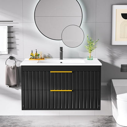 30" Bathroom Vanity with Sink, Floating Vanity Bathroom Sink Cabinet Wall Mount, Soft-Close Function 2 Large Drawers, Grooved Stripe Design, Hidden Damping Drawers, Black