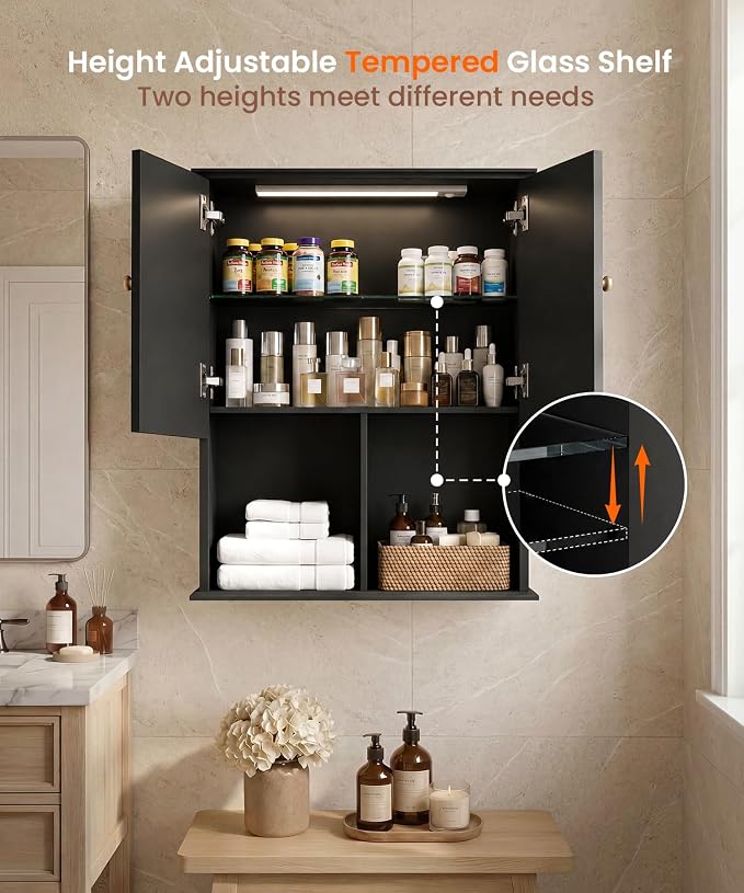 HAIOOU 23.6 inch Bathroom Wall Cabinet with Motion Sensor Light - Black | Wall Mount Medicine Cabinet with Recessed Panel Doors, Adjustable Glass Shelf, Soft Close Hinges for Over the Toilet Storage