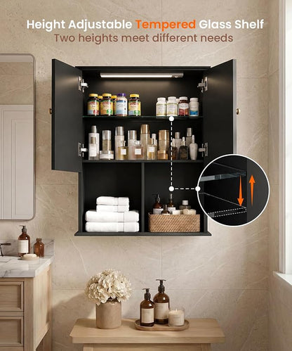 HAIOOU 23.6 inch Bathroom Wall Cabinet with Motion Sensor Light - Black | Wall Mount Medicine Cabinet with Recessed Panel Doors, Adjustable Glass Shelf, Soft Close Hinges for Over the Toilet Storage