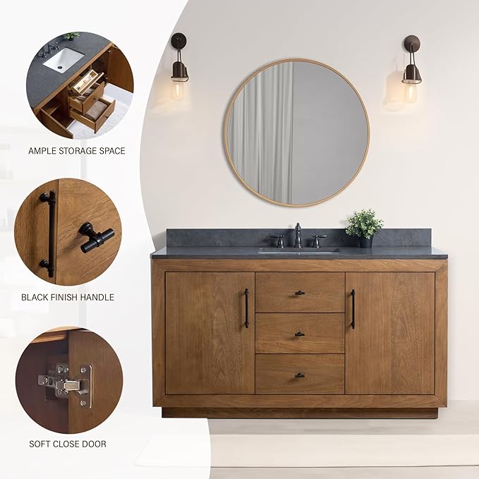 HOMEBEYOND 60" Bathroom Vanity with Single Sink & Ceramic Top, MDF Material Vanity Cabinet with Basin Combo, Soft-Closing Doors, Removable Shelf, Backsplash, Tan