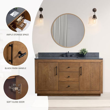 HOMEBEYOND 60" Bathroom Vanity with Single Sink & Ceramic Top, MDF Material Vanity Cabinet with Basin Combo, Soft-Closing Doors, Removable Shelf, Backsplash, Tan