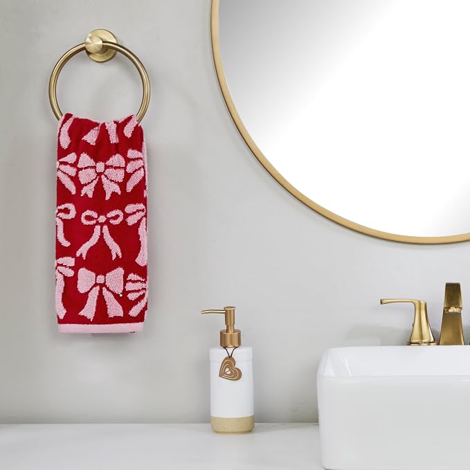 SKL Home Christmas Bow Hand Towel Set-2pc, 100% Cotton Jacquard, Red/Pink | 500 GSM. Soft, absorbent & reversible. For use in the bathroom, kitchen, or bar. Fun for Valentine's décor & holiday gifting.