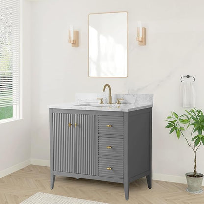 HOMEBEYOND 36" Bathroom Vanity with Sink, Solid Wood Bathroom Vanity Free-Standing Cabinet, Drawers, Ceramic Top & Soft Closing Door, Golden Brushed Handware, Cashmere Gray