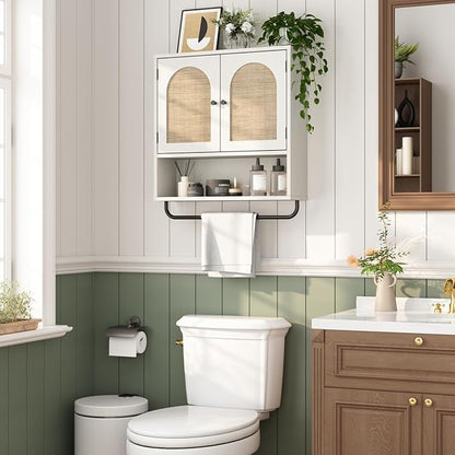 RUSTOWN Rattan Bathroom Wall Cabinet, Boho Medicine Cabinet with 2 Arched Doors, Farmhouse Over The Toilet Storage Cabinets with Adjustable Shelves & Towel Bar, 3-Tier Wall Mounted Cabinets