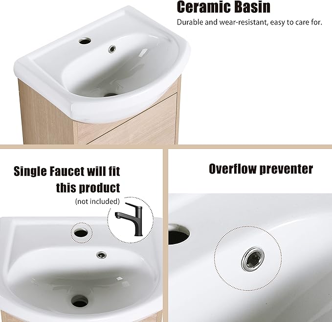 18" Bathroom Vanity with Sink, 18 Inch Floating Vanity for Small Space, Modern Single Sink Bathroom Vanity Combo, Brown Wall Mounted Cabinet Set (BN-023)