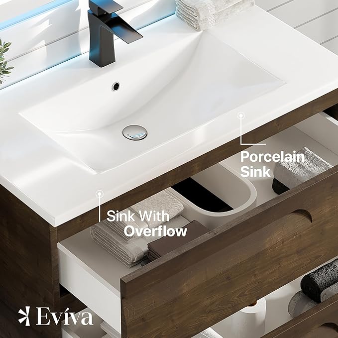 Joy 36 in. Rosewood Wall MountSingle Sink Bath Vanity with Porcelain Top and Integrated Sink