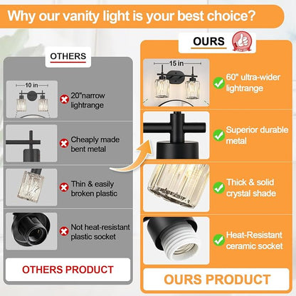2-Light Matte Black Crystal Bathroom Vanity Light, Modern Bathroom Lighting Fixture Over Mirror, K9 Crystal Bathroom Wall Light with Round Shades, E26 Base(Bulbs Not Included)