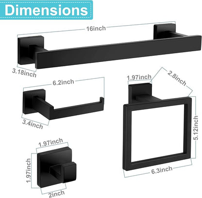Herogo Matte Black Bathroom Hardware Set 5 Pieces, 16 Inch Bathroom Accessories Bath Towel Bars Set, Including Stainless Steel Toilet Paper Holder, Hand Towel Holder Racks, Hooks & Ring, Wall Mounted