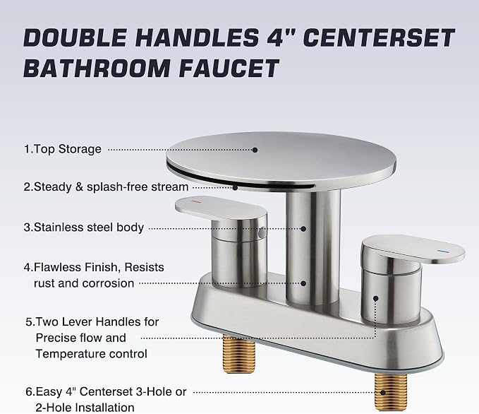 Waterfall Bathroom Faucet, Brushed Nickel Bathroom Sink Faucet 3 Hole | faucet for bathroom sink, 4 inch vanity fixture, two handle basin mixer, round shelf, metal pop-up drain, remodel layouts