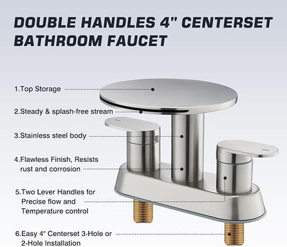 Waterfall Bathroom Faucet, Brushed Nickel Bathroom Sink Faucet 3 Hole | faucet for bathroom sink, 4 inch vanity fixture, two handle basin mixer, round shelf, metal pop-up drain, remodel layouts