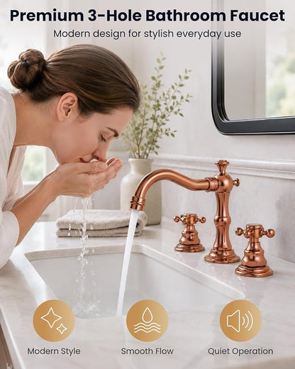 gotonovo 3 Hole 8’’ Widespread Bathroom Sink Faucet Rose Gold | Vintage Bathroom Faucet,2 Cross Handle,6-16’’ Sink,Vanity,Basin,RV,Farmhouse,SUS304,24’’ cUPC Hose Pop Up Drain,Deck Mount
