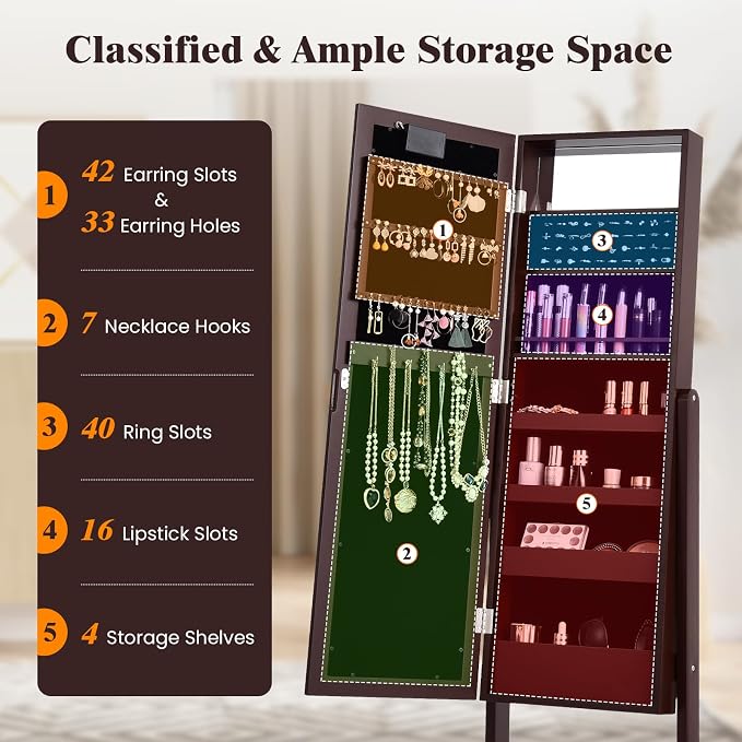 Jewelry Armoire with 18 LED Lights, Freestanding Jewelry Organizer with Full-length Mirror, Large Storage Mirrored Jewelry Cabinet with 16 Lipstick Holders, for Bedroom, Dressing Room (Brown)