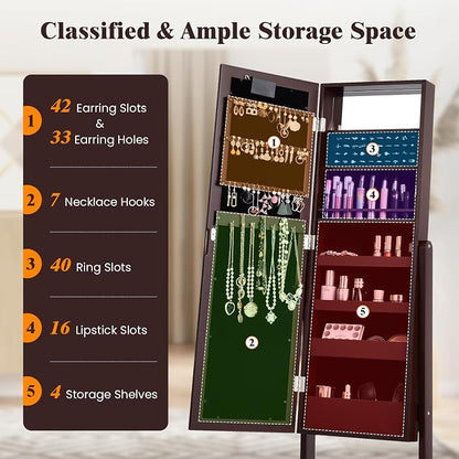Jewelry Armoire with 18 LED Lights, Freestanding Jewelry Organizer with Full-length Mirror, Large Storage Mirrored Jewelry Cabinet with 16 Lipstick Holders, for Bedroom, Dressing Room (Brown)