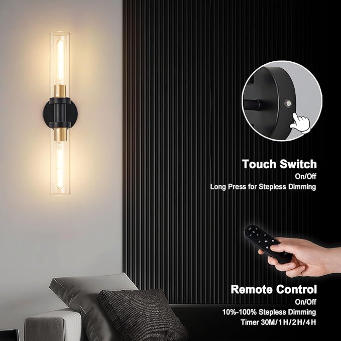 Battery Operated Wall Sconce Set of 2, 12000mAh Rechargeable Wall Lights with Remote Control, Wireless Dimmable Wall Lamps for Bedroom Living Room Bathroom Hallway Stairwell, Black & Gold